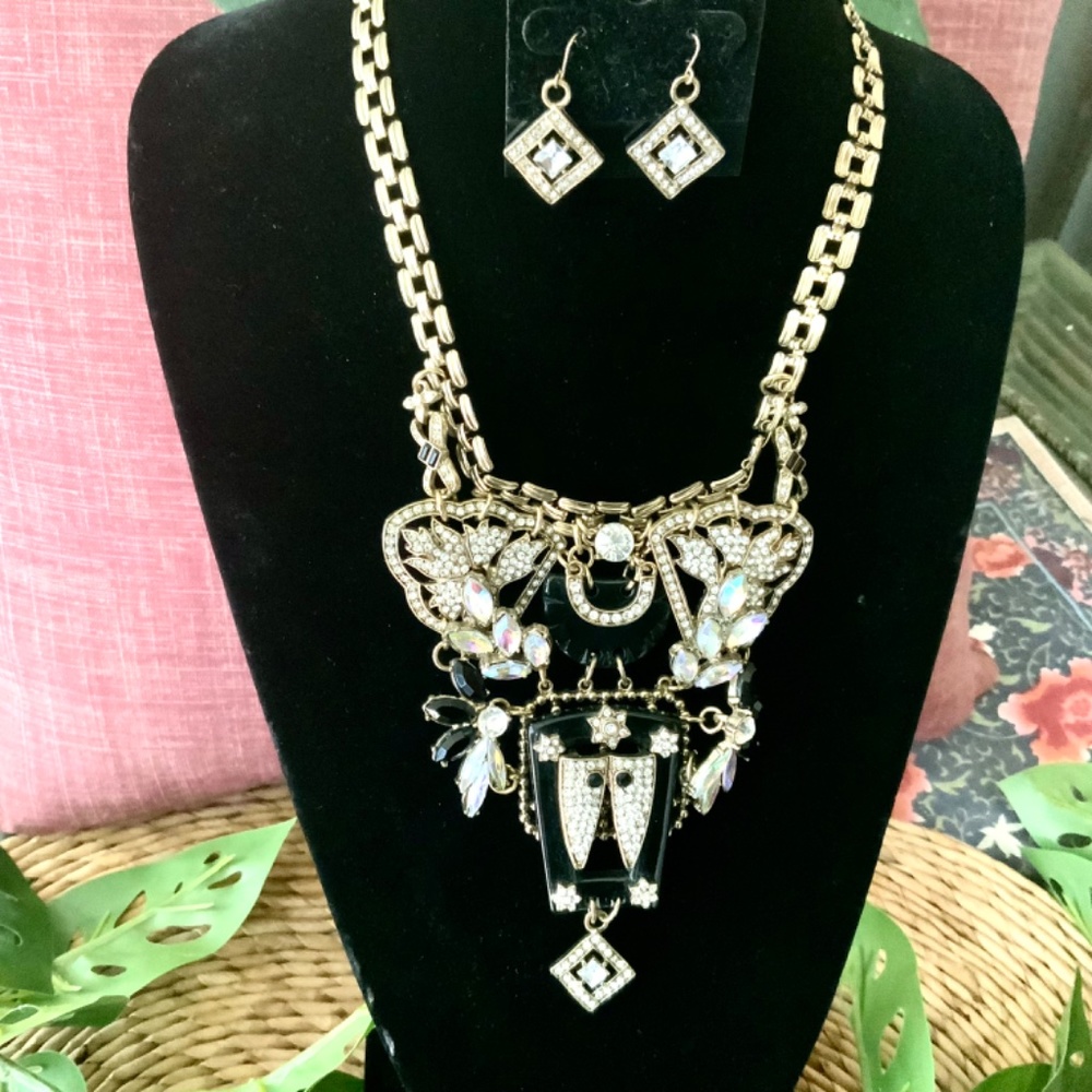 Dramatic Vintage Statement Necklace W/Earrings Bl… - image 8